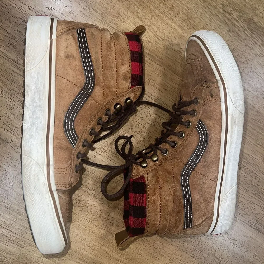 Vans Tan Suede High-Top Sneakers with Red Plaid Lining